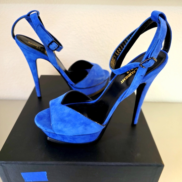 Saint Laurent Blue Suede Platform Stiletto Ankle Strap Buckle Heels EU 38 - Picture 5 of 13
